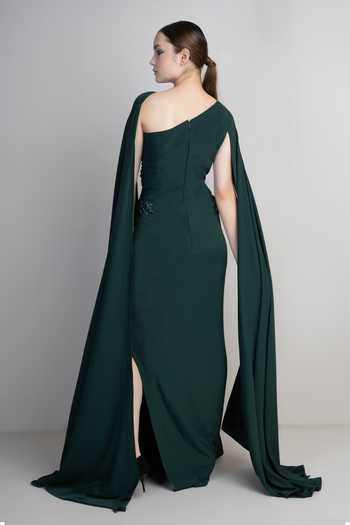 Shop_Parneet Gujral_Emerald Green Crepe Embroidery, Sequins One Shoulder Draped Gown _at_Aza_Fashions