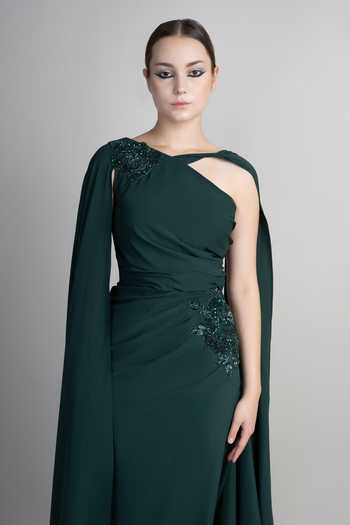 Buy_Parneet Gujral_Emerald Green Crepe Embroidery, Sequins One Shoulder Draped Gown _Online_at_Aza_Fashions