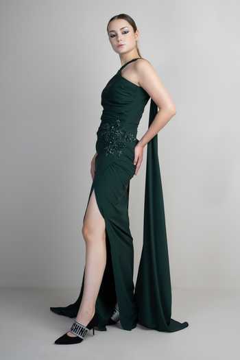 Shop_Parneet Gujral_Emerald Green Crepe Embroidery, Sequins One Shoulder Draped Gown _Online_at_Aza_Fashions