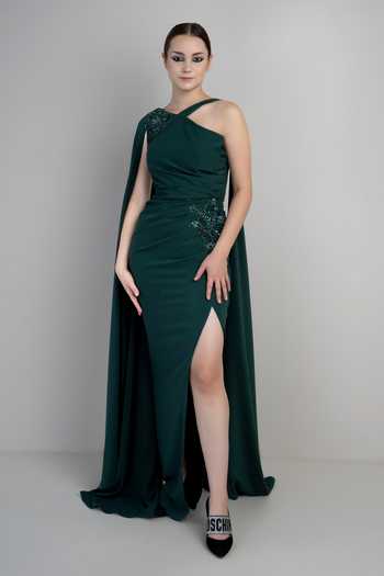 Parneet Gujral_Emerald Green Crepe Embroidery, Sequins One Shoulder Draped Gown _at_Aza_Fashions