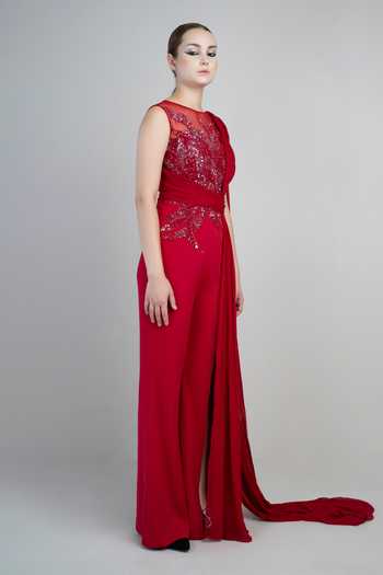 Parneet Gujral_Red Georgette, Crepe Sequins Boat Neck Work Draped Gown _Online_at_Aza_Fashions