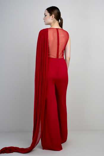 Shop_Parneet Gujral_Red Georgette, Crepe Sequins Boat Neck Work Draped Gown _at_Aza_Fashions