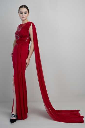 Buy_Parneet Gujral_Red Georgette, Crepe Sequins Boat Neck Work Draped Gown _Online_at_Aza_Fashions
