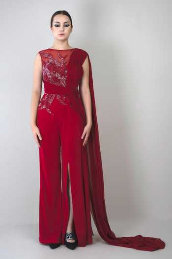 Buy_Parneet Gujral_Red Georgette, Crepe Sequins Boat Neck Work Draped Gown _at_Aza_Fashions