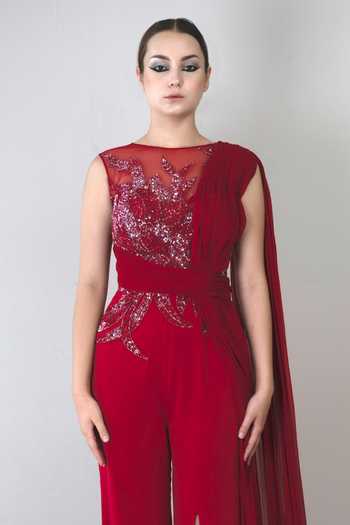 Shop_Parneet Gujral_Red Georgette, Crepe Sequins Boat Neck Work Draped Gown _Online_at_Aza_Fashions