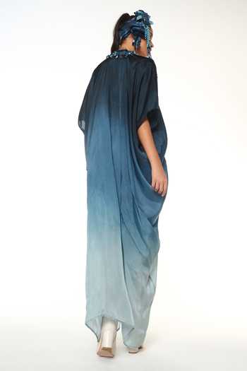Shop_CAPISVIRLEO_Blue Silk V-neck Alba Ocean Ombre Kaftan _at_Aza_Fashions