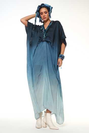 CAPISVIRLEO_Blue Silk V-neck Alba Ocean Ombre Kaftan _Online_at_Aza_Fashions