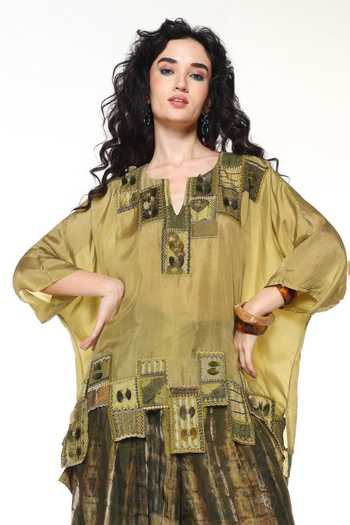 Buy_Capisvirleo_Green Silk Split V-neck Sylvie Patchwork Kaftan Shirt _at_Aza_Fashions