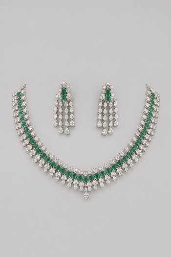 Shop_Zevar By Geeta_Green Faux Diamond And Emerald Necklace Set _at_Aza_Fashions
