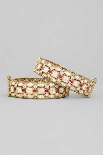 Shop_Zevar By Geeta_Gold Plated Polki Studded Bangles - Set Of 2 _at_Aza_Fashions