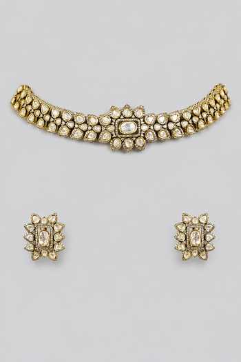 Shop_Zevar By Geeta_White Dramatic Polki Embellished Choker Set _at_Aza_Fashions