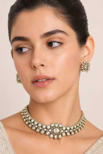 Buy_Zevar By Geeta_White Dramatic Polki Embellished Choker Set _at_Aza_Fashions