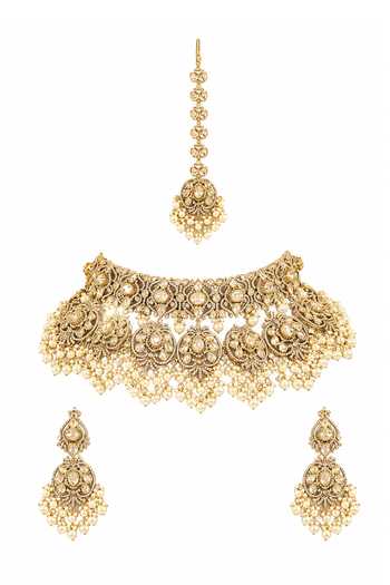 Shop_Zevar By Geeta_Gold Plated Polki Embellished Necklace Set _at_Aza_Fashions