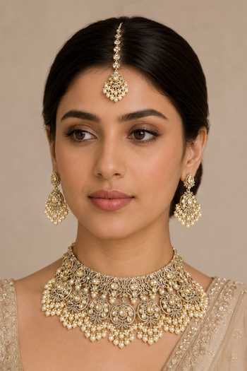Buy_Zevar By Geeta_Gold Plated Polki Embellished Necklace Set _at_Aza_Fashions