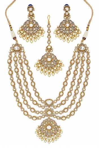 Shop_Zevar By Geeta_Gold Plated Polki Embellished Layered Necklace Set _at_Aza_Fashions