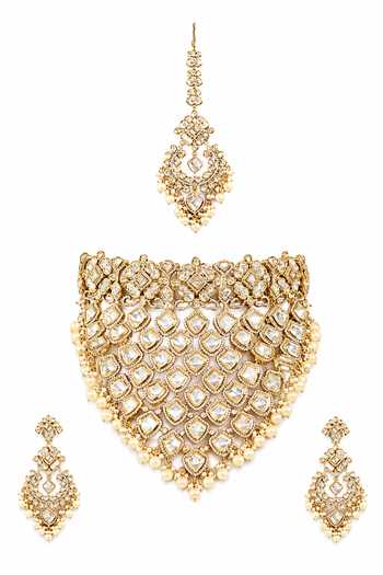 Shop_Zevar By Geeta_Gold Plated Two Tone Polki Embellished Necklace Set _at_Aza_Fashions