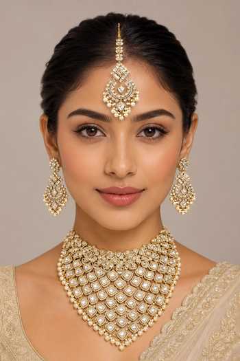 Buy_Zevar By Geeta_Gold Plated Two Tone Polki Embellished Necklace Set _at_Aza_Fashions