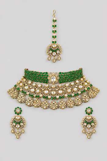 Shop_Zevar By Geeta_Green Layered Two Tone Polki Embellished Necklace Set _at_Aza_Fashions