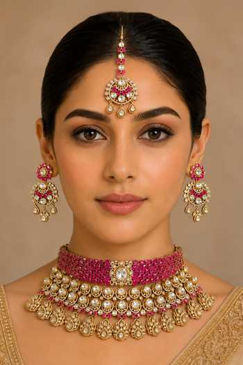 Buy_Zevar By Geeta_Pink Two Tone Layered Polki Embellished Necklace Set _at_Aza_Fashions