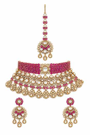 Shop_Zevar By Geeta_Pink Two Tone Layered Polki Embellished Necklace Set _at_Aza_Fashions