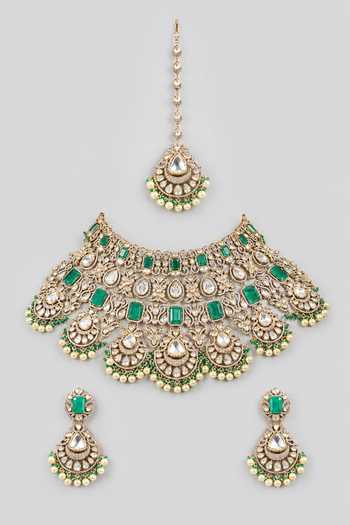 Shop_Zevar By Geeta_Green Polki And Stone Embellished Layered Necklace Set _at_Aza_Fashions