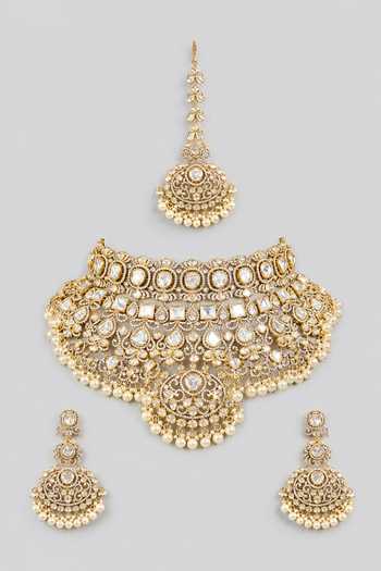 Shop_Zevar By Geeta_Gold Plated Layered Two Tone Polki Embellished Necklace Set _at_Aza_Fashions