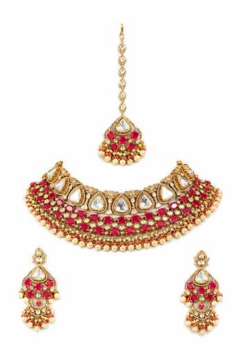 Shop_Zevar By Geeta_Red Polki And Stone Embellished Necklace Set _at_Aza_Fashions