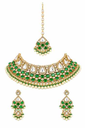 Shop_Zevar By Geeta_Green Polki And Stone Embellished Necklace Set _at_Aza_Fashions