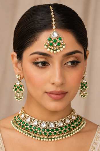 Buy_Zevar By Geeta_Green Polki And Stone Embellished Necklace Set _at_Aza_Fashions