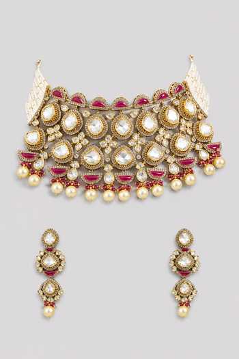 Shop_Zevar By Geeta_Red Polki Embellished Pearl Drop Necklace Set _at_Aza_Fashions