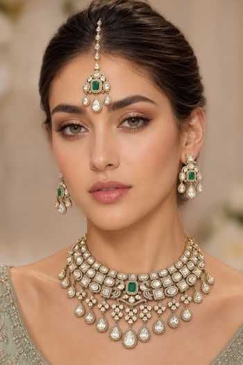 Buy_Zevar By Geeta_Green Polki And Stone Studded Necklace Set _at_Aza_Fashions