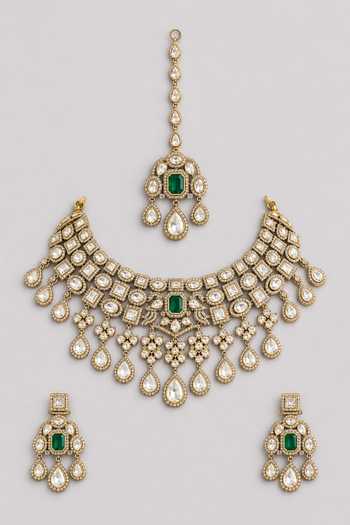 Shop_Zevar By Geeta_Green Polki And Stone Studded Necklace Set _at_Aza_Fashions
