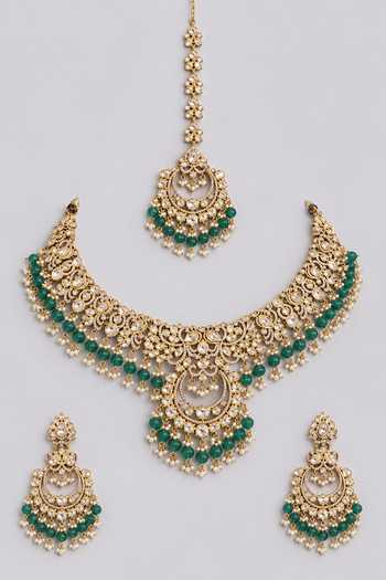 Shop_Zevar By Geeta_Green Uncut Polki Embellished Necklace Set _at_Aza_Fashions