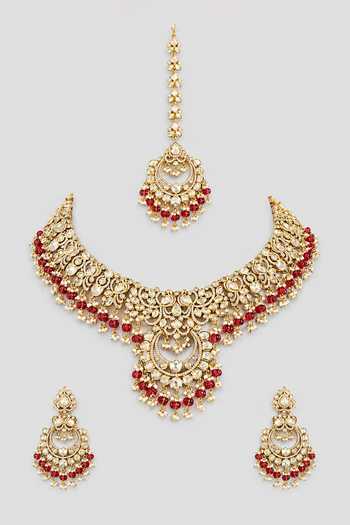 Shop_Zevar By Geeta_Red Uncut Polki Studded Necklace Set _at_Aza_Fashions