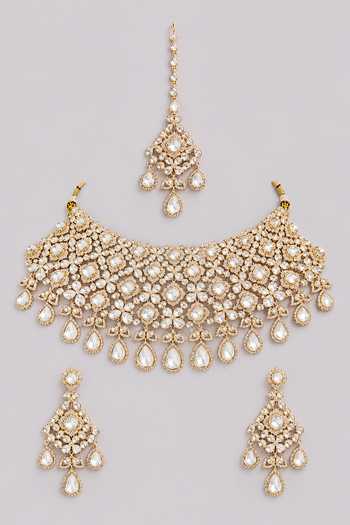 Shop_Zevar By Geeta_Gold Plated Layered Kundan Embellished Necklace Set _at_Aza_Fashions