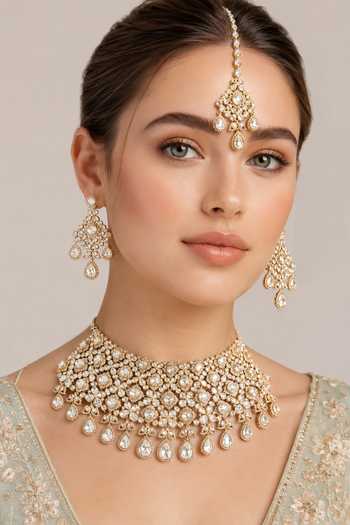 Buy_Zevar By Geeta_Gold Plated Layered Kundan Embellished Necklace Set _at_Aza_Fashions