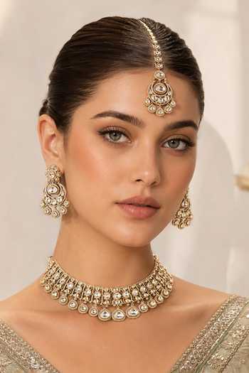 Buy_Zevar By Geeta_Gold Plated Studded Polki Necklace Set _at_Aza_Fashions
