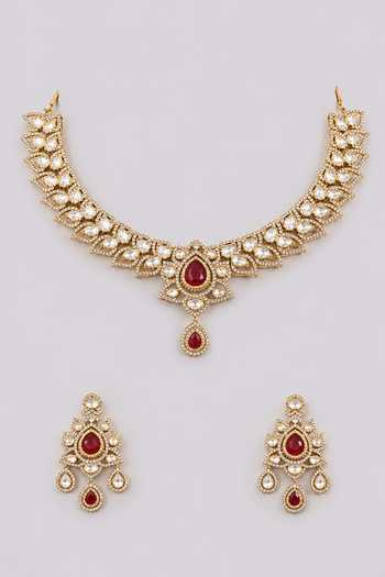 Shop_Zevar By Geeta_White Polki And Red Stone Embellished Necklace Set _at_Aza_Fashions