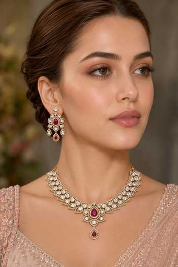 Buy_Zevar By Geeta_White Polki And Red Stone Embellished Necklace Set _at_Aza_Fashions