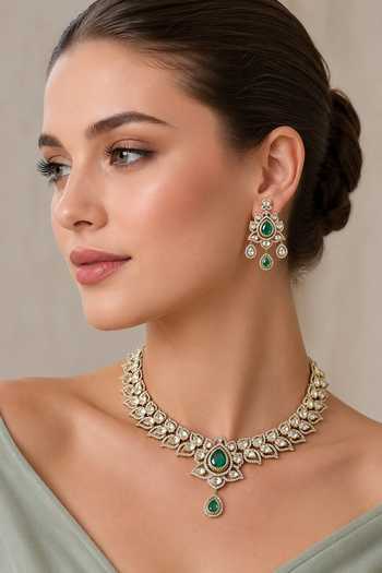 Buy_Zevar By Geeta_Green Polki And Stone Embellished Necklace Set _at_Aza_Fashions