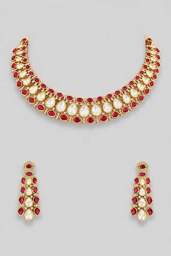 Shop_Zevar By Geeta_Red Polki And Stone Studded Necklace Set _at_Aza_Fashions