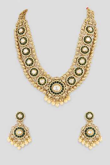 Shop_Zevar By Geeta_Green Bold Polki Stone Embellished Necklace Set _at_Aza_Fashions