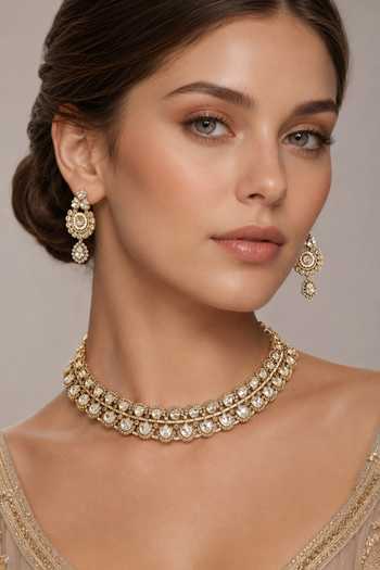 Buy_Zevar By Geeta_Gold Plated Dual Tone Embellished Necklace Set _at_Aza_Fashions