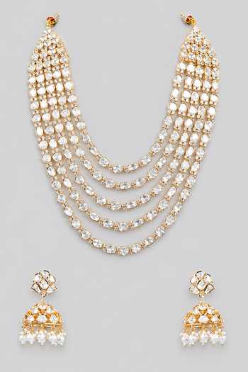 Shop_Zevar By Geeta_Gold Plated Kundan Layered Necklace With Jhumkas _at_Aza_Fashions