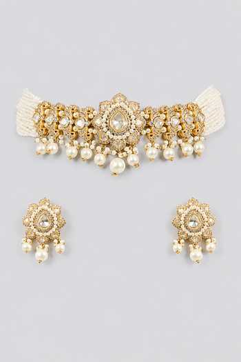 Shop_Zevar By Geeta_Gold Plated Pearl Drop Choker Necklace Set _at_Aza_Fashions