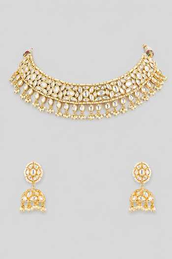 Shop_Zevar By Geeta_Gold Plated Kundan Choker With Jhumka Earrings _at_Aza_Fashions