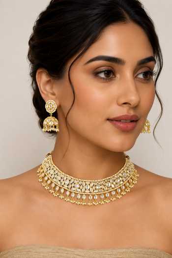 Buy_Zevar By Geeta_Gold Plated Kundan Choker With Jhumka Earrings _at_Aza_Fashions