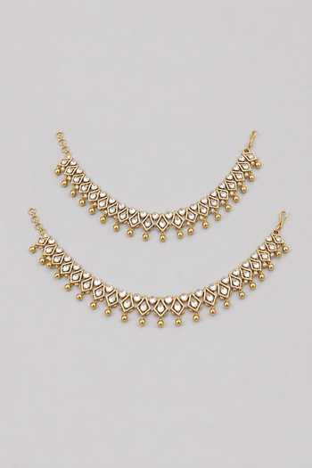 Shop_Zevar By Geeta_Silver Plated Ghunghri Drop Studded Anklets - Set Of 2 _at_Aza_Fashions