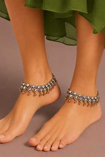 Buy_Zevar By Geeta_Silver Plated Ghunghri Drop Studded Anklets - Set Of 2 _at_Aza_Fashions