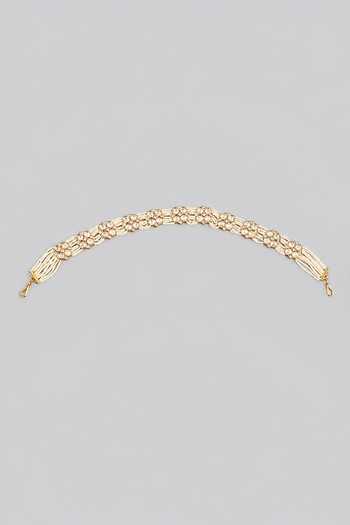 Shop_Zevar By Geeta_Gold Plated Pearls, Stones Floral Embellished Mathapatti _at_Aza_Fashions
